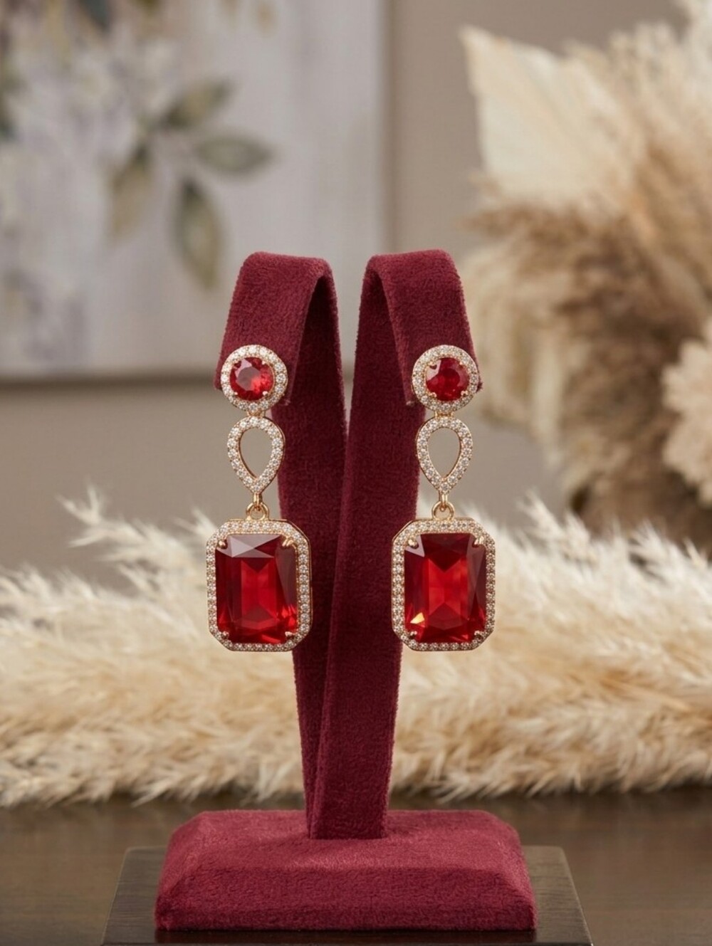 New Women's Red Crystal Drop Gold Statement Cocktail Earrings Jewelry